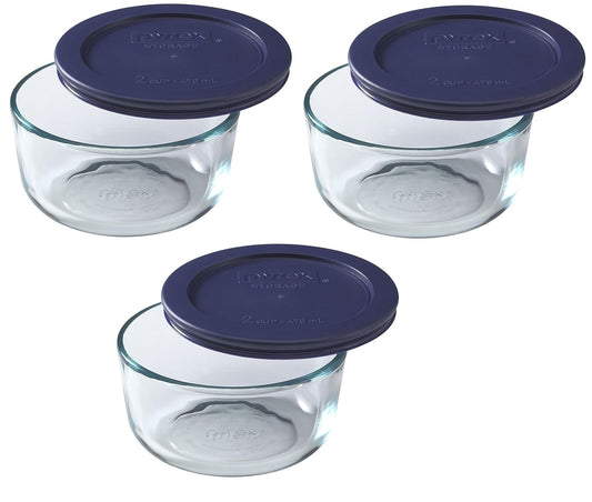 7200 2-Cup Glass Bowl & 7200-PC Dark Blue Lid (3-Pack) - Made in USA | BPA-Free Plastic | Round Shape | Top-Rack Dishwasher Safe | Refrigerator & Freezer Safe | Includes 3 Bowls & 3 Lids