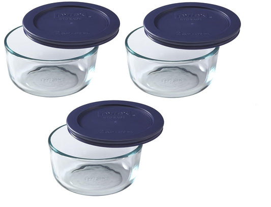 7200 2-Cup Glass Bowl & 7200-PC Dark Blue Lid (3-Pack) - Made in USA | BPA-Free Plastic | Round Shape | Top-Rack Dishwasher Safe | Refrigerator & Freezer Safe | Includes 3 Bowls & 3 Lids