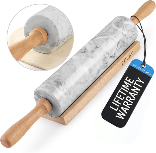 17-Inch Marble Rolling Pin With Stand - Polished Marble Rolling Pins For Baking With Long Beechwood Handle - Non-stick Roller Pin For Baking Pastries, Bread & Pizza