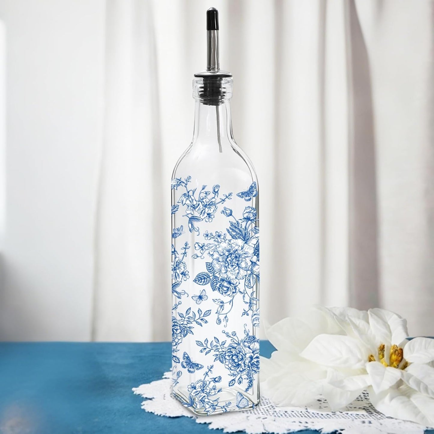 Chinoiserie Olive Oil Dispenser Bottle Blue Floral Glass Cruet Bottle with Spout Cooking Vinegar Container for Home Kitchen Table Countertop Decor