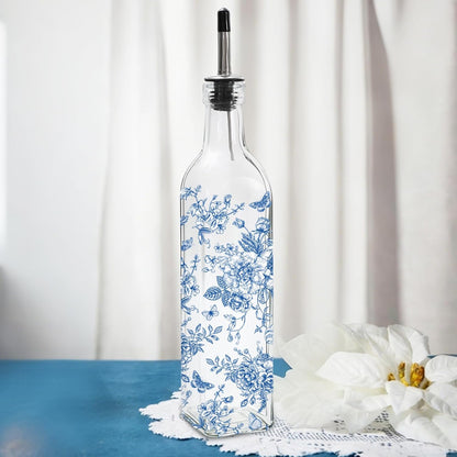 Chinoiserie Olive Oil Dispenser Bottle Blue Floral Glass Cruet Bottle with Spout Cooking Vinegar Container for Home Kitchen Table Countertop Decor