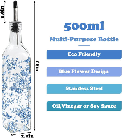 Chinoiserie Olive Oil Dispenser Bottle Blue Floral Glass Cruet Bottle with Spout Cooking Vinegar Container for Home Kitchen Table Countertop Decor