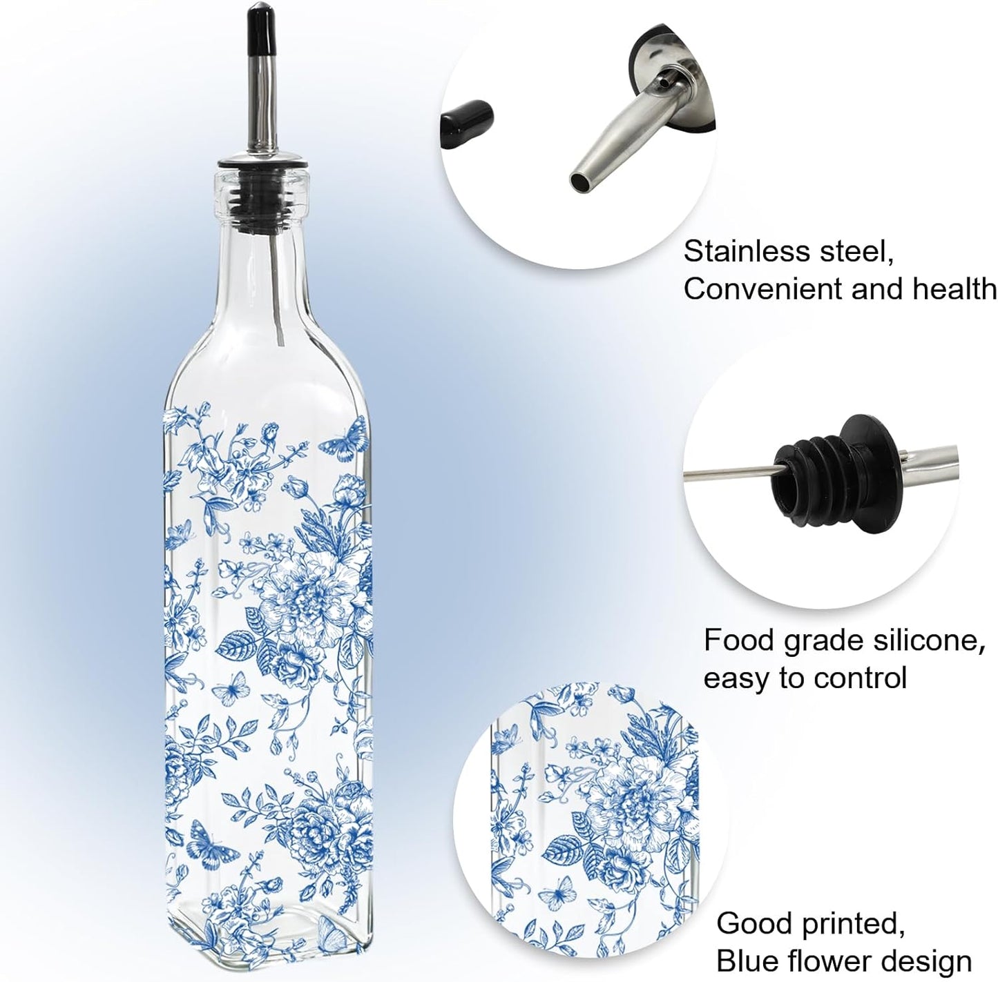 Chinoiserie Olive Oil Dispenser Bottle Blue Floral Glass Cruet Bottle with Spout Cooking Vinegar Container for Home Kitchen Table Countertop Decor