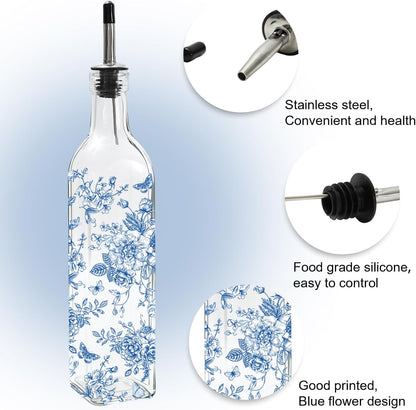 Chinoiserie Olive Oil Dispenser Bottle Blue Floral Glass Cruet Bottle with Spout Cooking Vinegar Container for Home Kitchen Table Countertop Decor