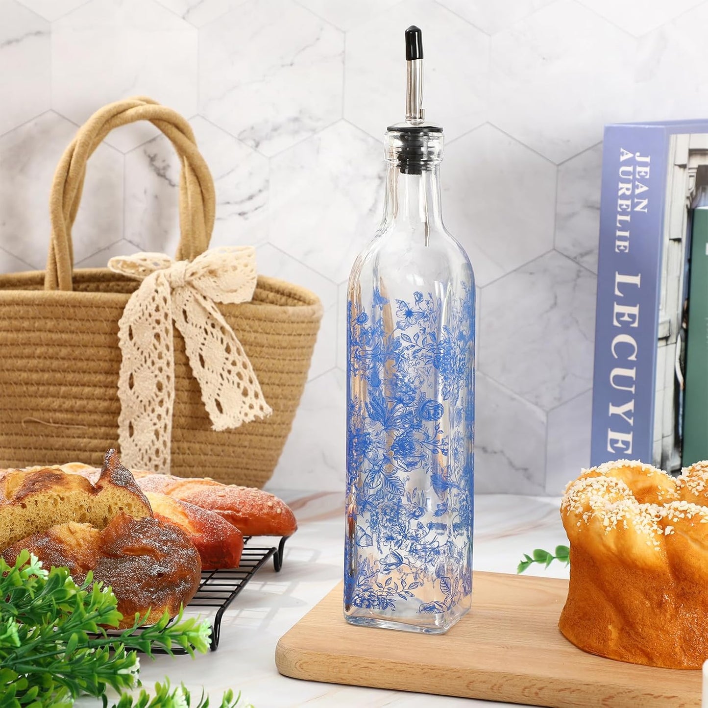 Chinoiserie Olive Oil Dispenser Bottle Blue Floral Glass Cruet Bottle with Spout Cooking Vinegar Container for Home Kitchen Table Countertop Decor