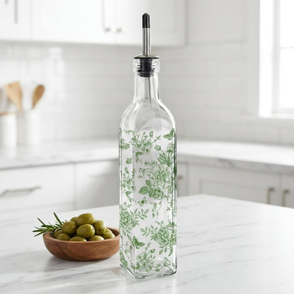 Chinoiserie Olive Oil Dispenser Bottle Blue Floral Glass Cruet Bottle with Spout Cooking Vinegar Container for Home Kitchen Table Countertop Decor