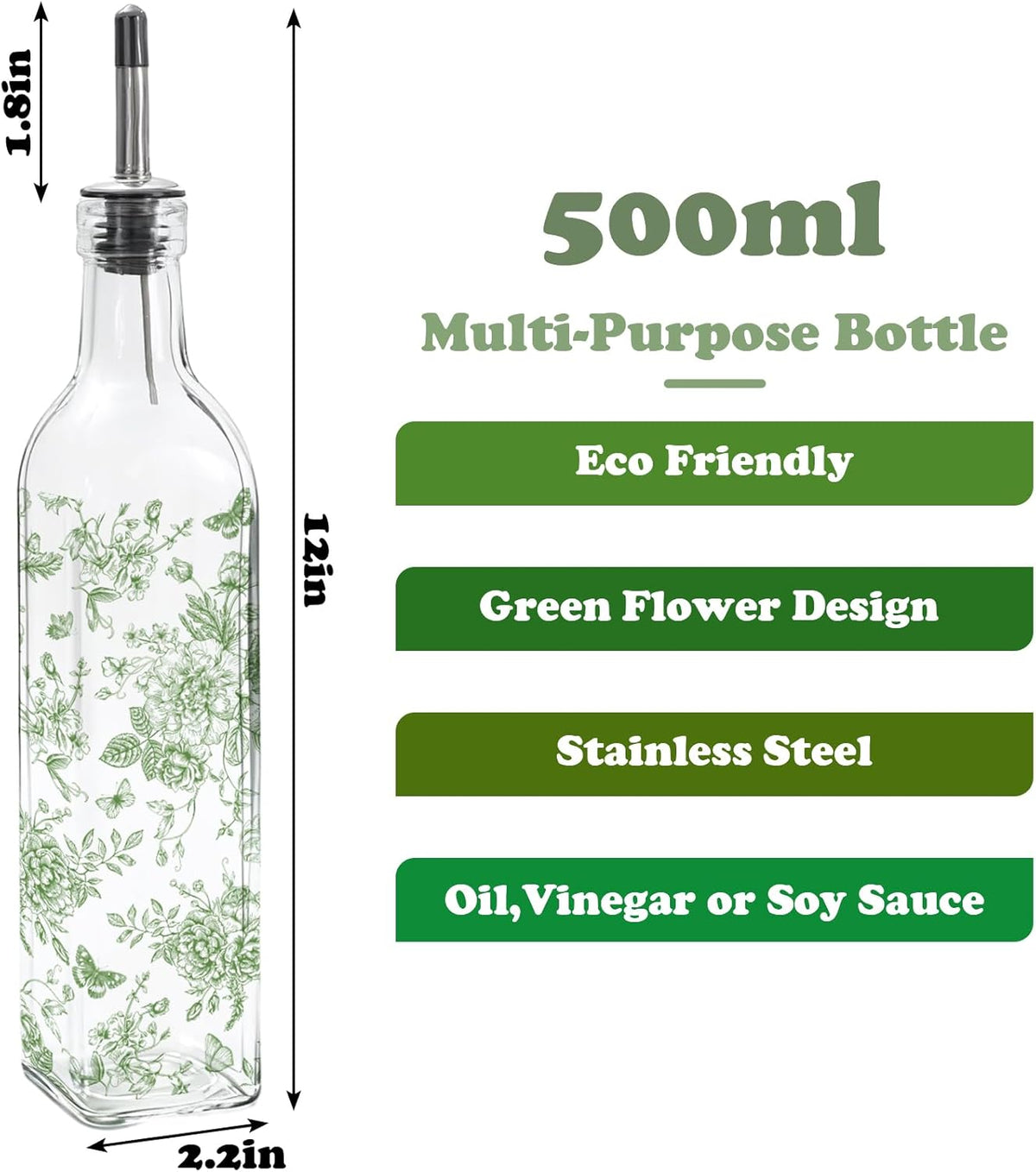 Chinoiserie Olive Oil Dispenser Bottle Blue Floral Glass Cruet Bottle with Spout Cooking Vinegar Container for Home Kitchen Table Countertop Decor