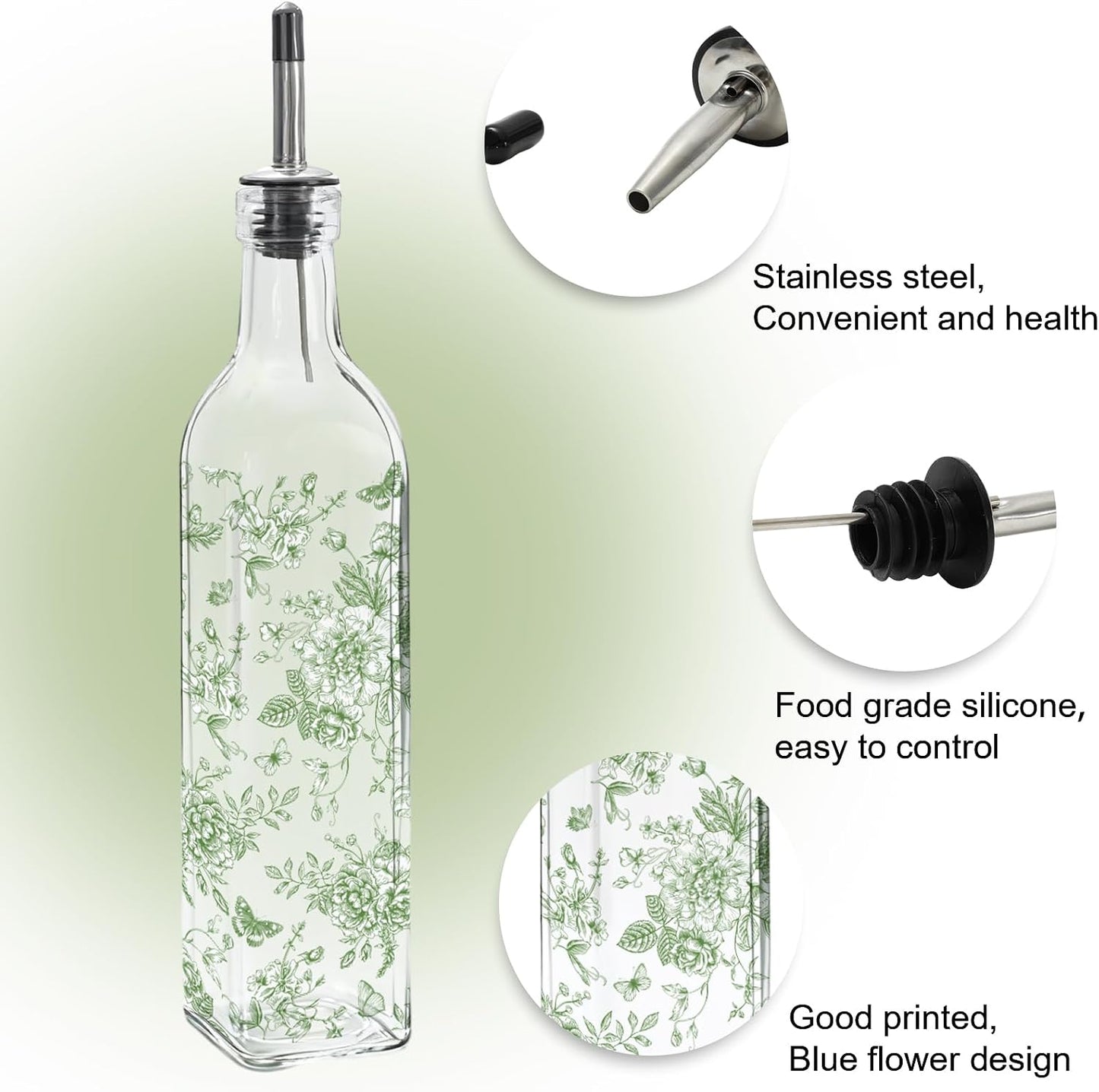 Chinoiserie Olive Oil Dispenser Bottle Blue Floral Glass Cruet Bottle with Spout Cooking Vinegar Container for Home Kitchen Table Countertop Decor