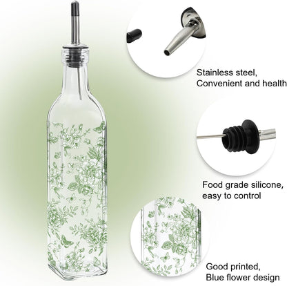 Chinoiserie Olive Oil Dispenser Bottle Blue Floral Glass Cruet Bottle with Spout Cooking Vinegar Container for Home Kitchen Table Countertop Decor
