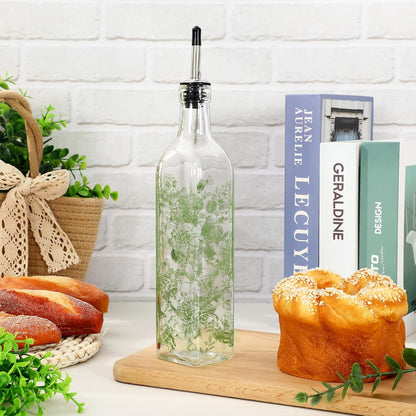 Chinoiserie Olive Oil Dispenser Bottle Blue Floral Glass Cruet Bottle with Spout Cooking Vinegar Container for Home Kitchen Table Countertop Decor