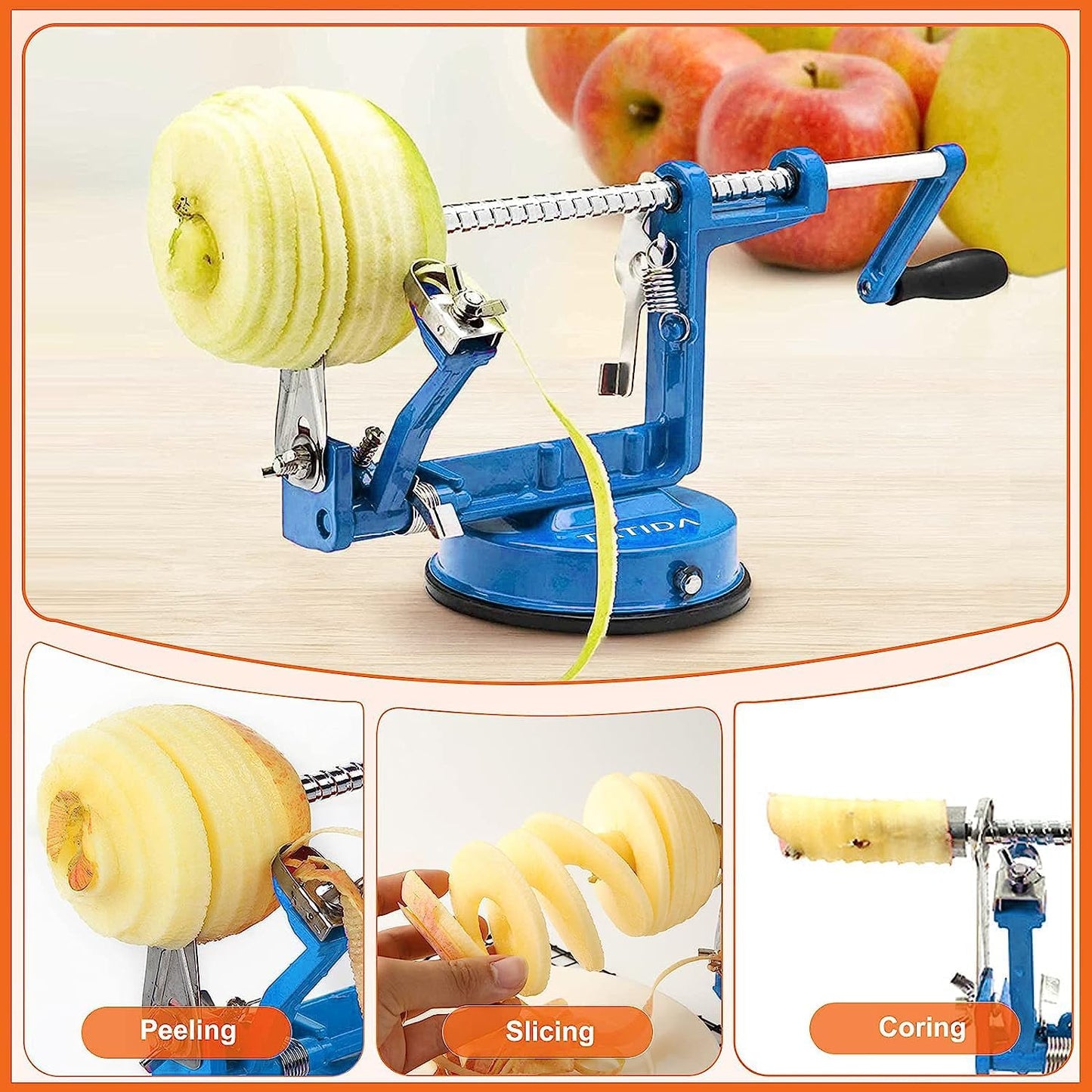 Apple Peeler Corer, Long lasting Chrome Cast Magnesium Alloy Apple Peeler Slicer Corer with Stainless Steel Blades and Powerful Suction Base for Apples and Potatoes(Red)