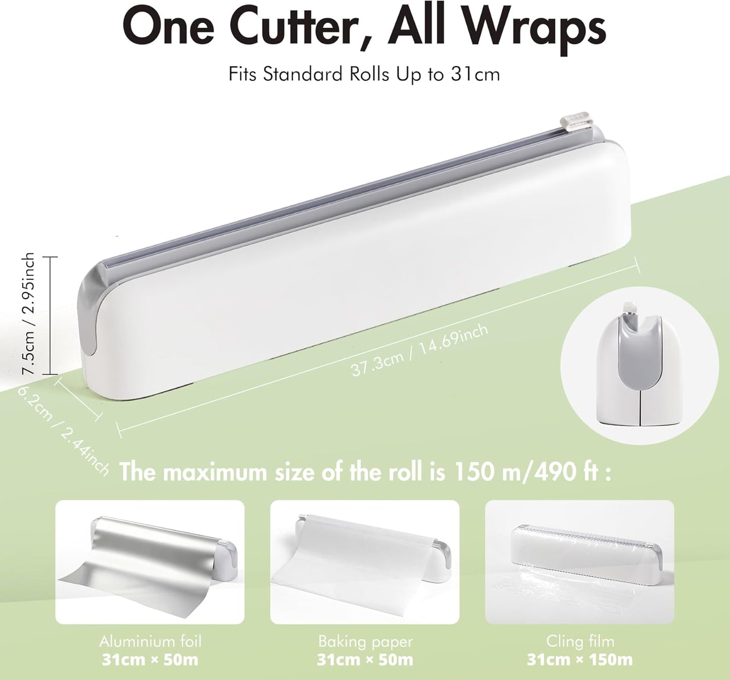 Aluminum Foil & Plastic Wrap Dispenser with Cutter - Easy One-Hand Operation, Space-Saving Kitchen Organizer for Worktops & Cabinets, Magnetic Cling Film Dispenser - Fits 12" Rolls, Gray