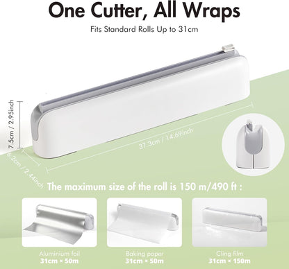 Aluminum Foil & Plastic Wrap Dispenser with Cutter - Easy One-Hand Operation, Space-Saving Kitchen Organizer for Worktops & Cabinets, Magnetic Cling Film Dispenser - Fits 12" Rolls, Gray