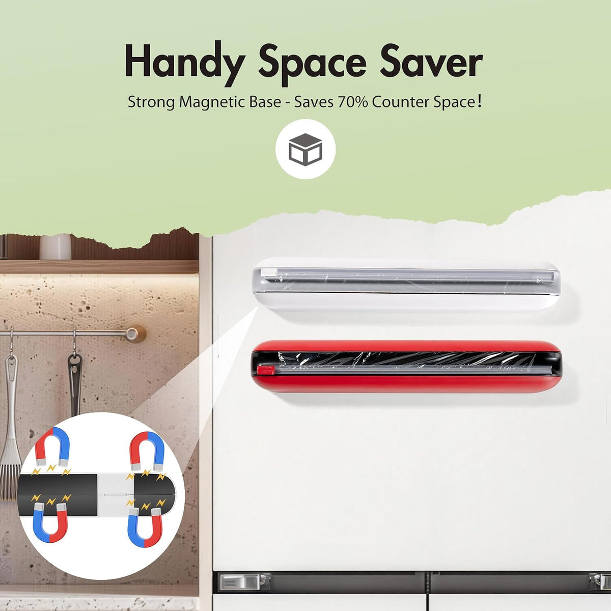 Aluminum Foil & Plastic Wrap Dispenser with Cutter - Easy One-Hand Operation, Space-Saving Kitchen Organizer for Worktops & Cabinets, Magnetic Cling Film Dispenser - Fits 12" Rolls, Gray