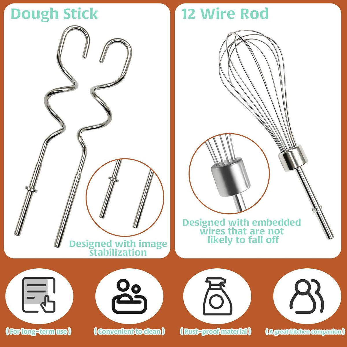 3Pcs Hand Mixer Beaters Dough Hook for Kitchen Aid, Stainless Steel Dough Hook for Kitchenaid Egg Beater Whisk Attachment for Kitchen Aide, Hand Mixer Attachment Restaurant Kitchen Accessories