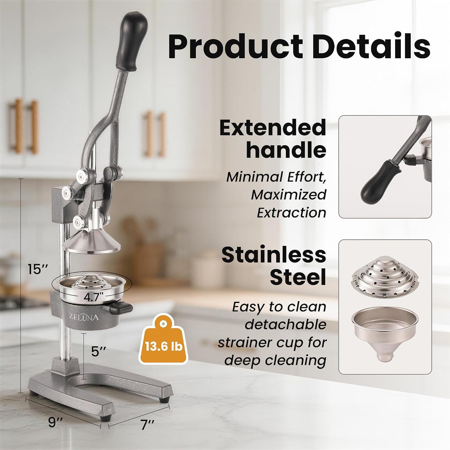 Cast Iron Manual Hand Press Juicer for Citrus & Pomegranate,Grey | Stainless Steel Heavy Duty Squeezer,Easy to Clean,Effortless Lever-Press Design,For Home Cooks,Health Enthusiasts,Bartenders