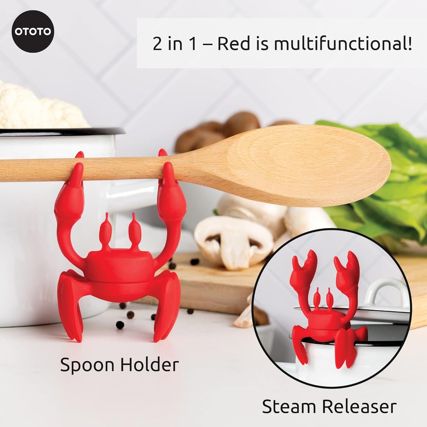 2 in 1 Silicone Spoon Rest & Steam Releaser - Large Spoon Holder for Stove Top - Unique and Useful Gift for Cooking - Heat Resistant Utensil Rest, Kitchen Gadgets, Red Gift (Red the Crab)