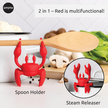 2 in 1 Silicone Spoon Rest & Steam Releaser - Large Spoon Holder for Stove Top - Unique and Useful Gift for Cooking - Heat Resistant Utensil Rest, Kitchen Gadgets, Red Gift (Red the Crab)