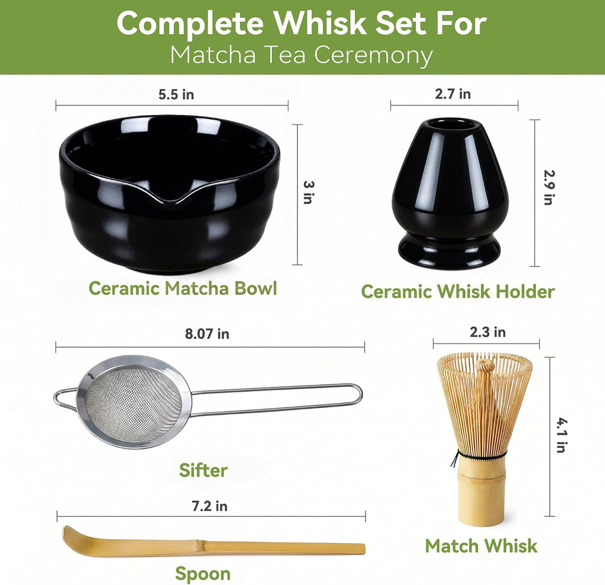 Matcha Whisk Set with Modern Black Ceramic Bowl - Japanese Tea Ceremony Essentials, Includes Bamboo Whisk (Chasen), Holder, Matcha Powder Sifter, Scoop, Complete Preparation Kit