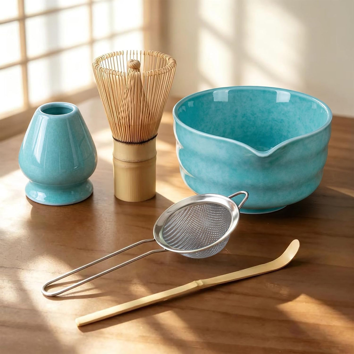 Matcha Whisk Set with Modern Black Ceramic Bowl - Japanese Tea Ceremony Essentials, Includes Bamboo Whisk (Chasen), Holder, Matcha Powder Sifter, Scoop, Complete Preparation Kit