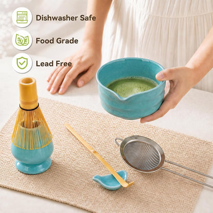 Matcha Whisk Set with Modern Black Ceramic Bowl - Japanese Tea Ceremony Essentials, Includes Bamboo Whisk (Chasen), Holder, Matcha Powder Sifter, Scoop, Complete Preparation Kit