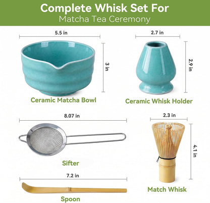 Matcha Whisk Set with Modern Black Ceramic Bowl - Japanese Tea Ceremony Essentials, Includes Bamboo Whisk (Chasen), Holder, Matcha Powder Sifter, Scoop, Complete Preparation Kit