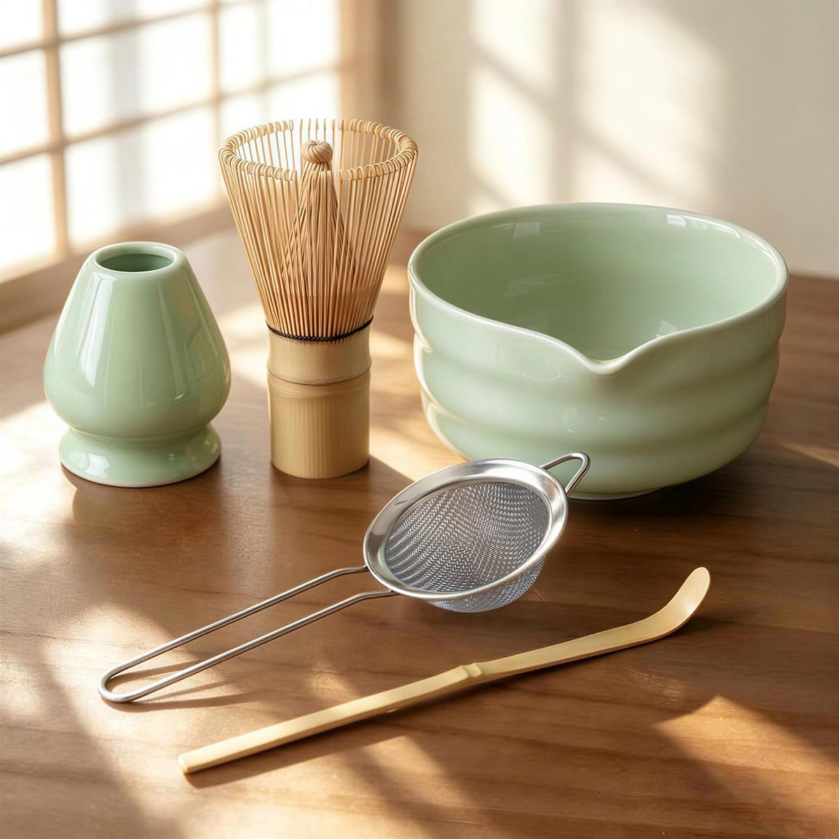 Matcha Whisk Set with Modern Black Ceramic Bowl - Japanese Tea Ceremony Essentials, Includes Bamboo Whisk (Chasen), Holder, Matcha Powder Sifter, Scoop, Complete Preparation Kit