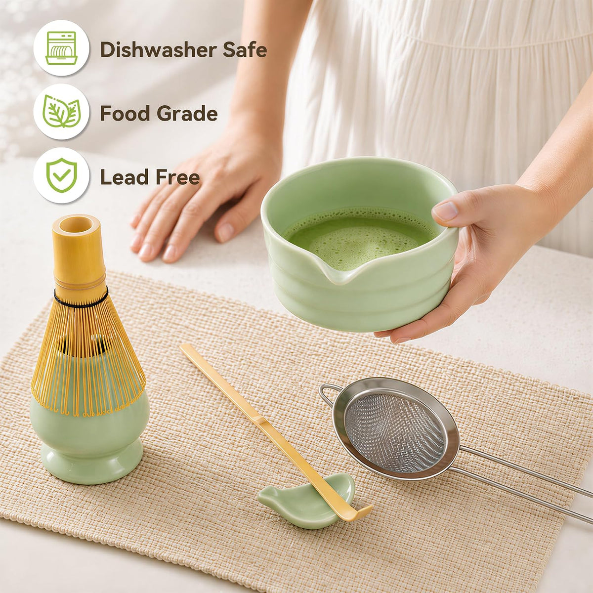 Matcha Whisk Set with Modern Black Ceramic Bowl - Japanese Tea Ceremony Essentials, Includes Bamboo Whisk (Chasen), Holder, Matcha Powder Sifter, Scoop, Complete Preparation Kit