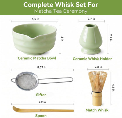 Matcha Whisk Set with Modern Black Ceramic Bowl - Japanese Tea Ceremony Essentials, Includes Bamboo Whisk (Chasen), Holder, Matcha Powder Sifter, Scoop, Complete Preparation Kit