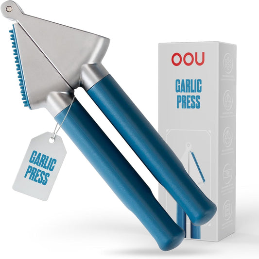 Garlic Press, Stainless Steel Garlic Mincer with Premium Zinc Alloy Construction, Easy-Squeeze Ergonomic TPE Non-Slip Grip Handles, Reverse Cleaning Bumps and Dishwasher Safe Design, Blue