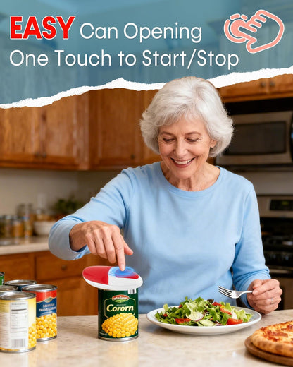 Electric Can Opener for Seniors One Touch - Easy Use, Smooth Edge Side Cut Auto Can Opener with Power Motor Fits All Can Sizes - Battery Operated, Hand Free for Kitchen (Red)