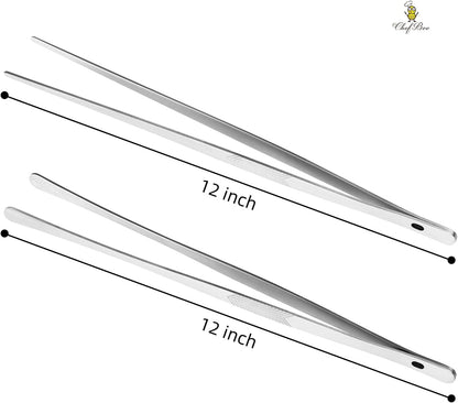 2PCS 12" Stainless Steel Kitchen Tongs Tweezers with Serrated Tips | Precision Grip, Chef Grade, Sturdy Kitchen Utensils, For Serving Food Pasta Salad, Suitable for Grill BBQ Culinary Use