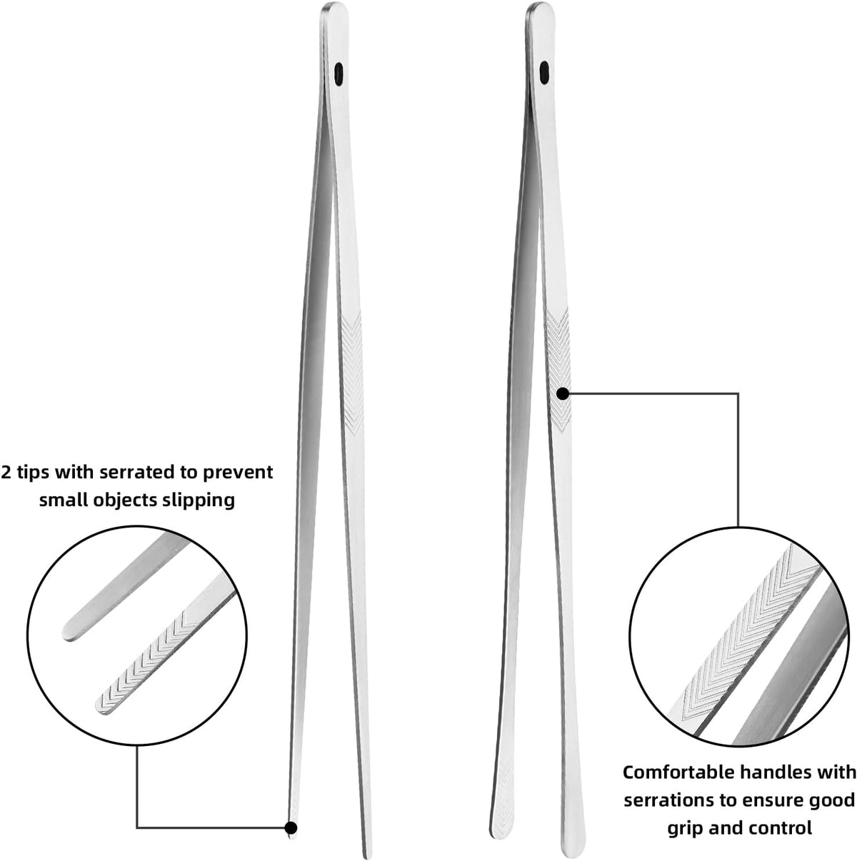 2PCS 12" Stainless Steel Kitchen Tongs Tweezers with Serrated Tips | Precision Grip, Chef Grade, Sturdy Kitchen Utensils, For Serving Food Pasta Salad, Suitable for Grill BBQ Culinary Use