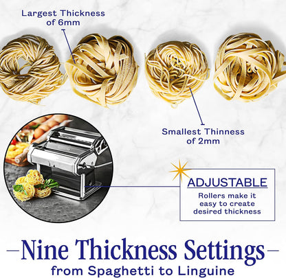 Pasta Maker with Adjustable Thickness Settings - 3 in 1 Noodle Maker with Rollers & 2 Width Cutters for Fresh Spaghetti, Fettuccini, Lasagna, Dumplings & More