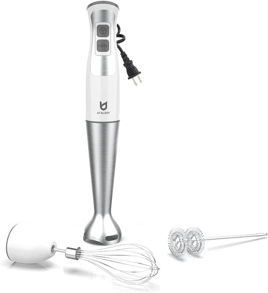 3-in-1 Immersion Hand Blender - Puree Baby Food, Sauces and Soups | 8-speed stick blender, Pure Copper Winding Motor, 5.2 feet power cord, 4-point Ice crush SS blade, Egg whisk, Milk frother