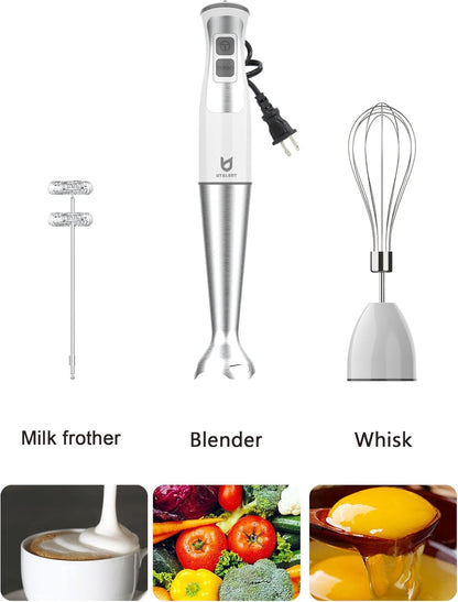 3-in-1 Immersion Hand Blender - Puree Baby Food, Sauces and Soups | 8-speed stick blender, Pure Copper Winding Motor, 5.2 feet power cord, 4-point Ice crush SS blade, Egg whisk, Milk frother
