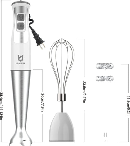 3-in-1 Immersion Hand Blender - Puree Baby Food, Sauces and Soups | 8-speed stick blender, Pure Copper Winding Motor, 5.2 feet power cord, 4-point Ice crush SS blade, Egg whisk, Milk frother