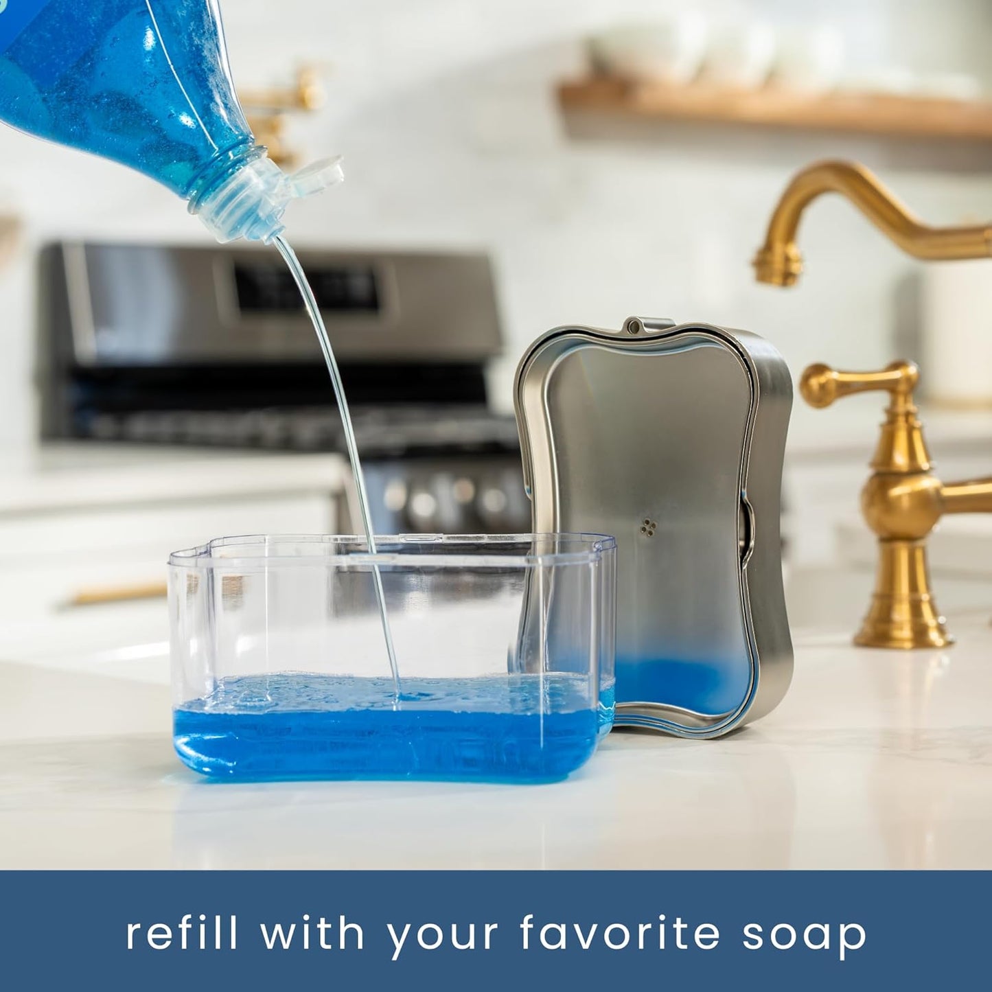 . Dish Soap Dispenser and Sponge Holder for Kitchen Sink, Sponge Included, 13 Ounces, Metallic Silver