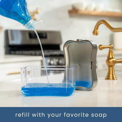 . Dish Soap Dispenser and Sponge Holder for Kitchen Sink, Sponge Included, 13 Ounces, Metallic Silver