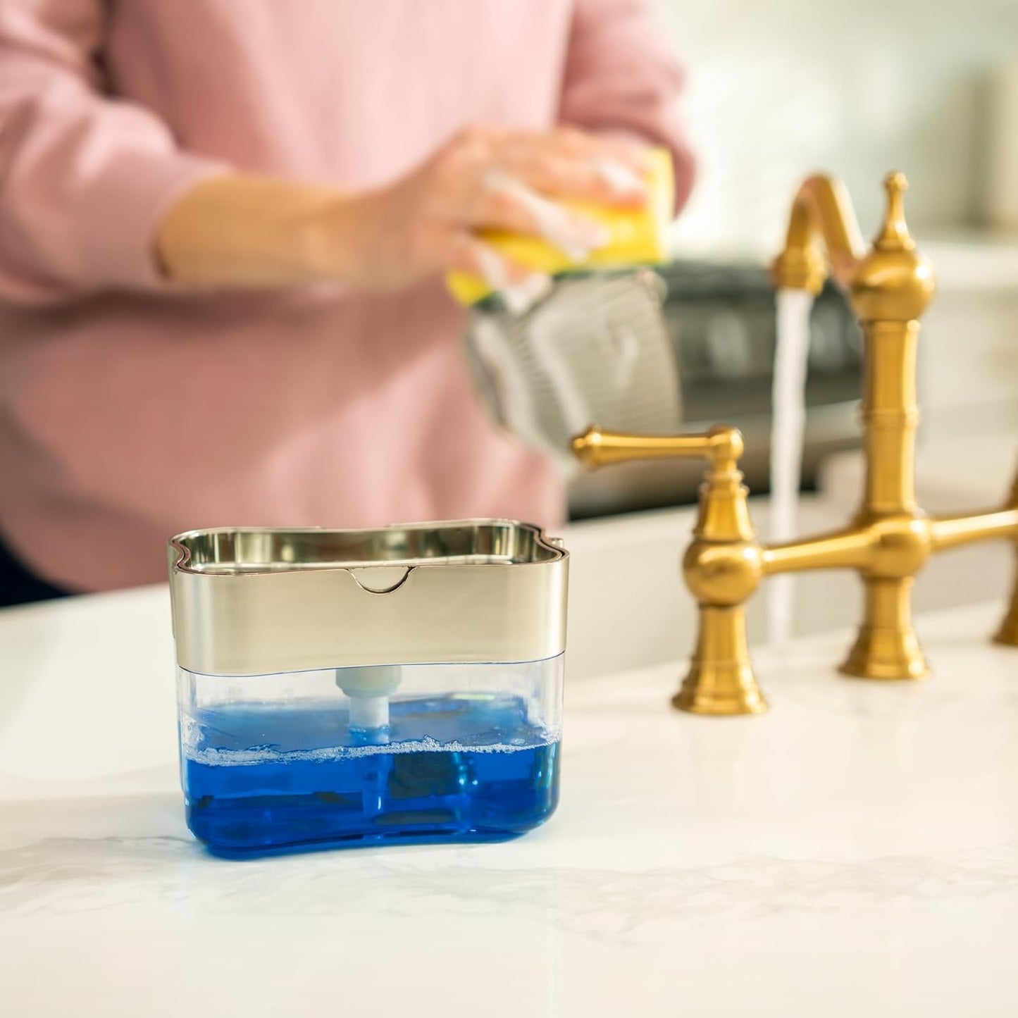 . Dish Soap Dispenser and Sponge Holder for Kitchen Sink, Sponge Included, 13 Ounces, Metallic Silver