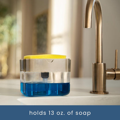 . Dish Soap Dispenser and Sponge Holder for Kitchen Sink, Sponge Included, 13 Ounces, Metallic Silver