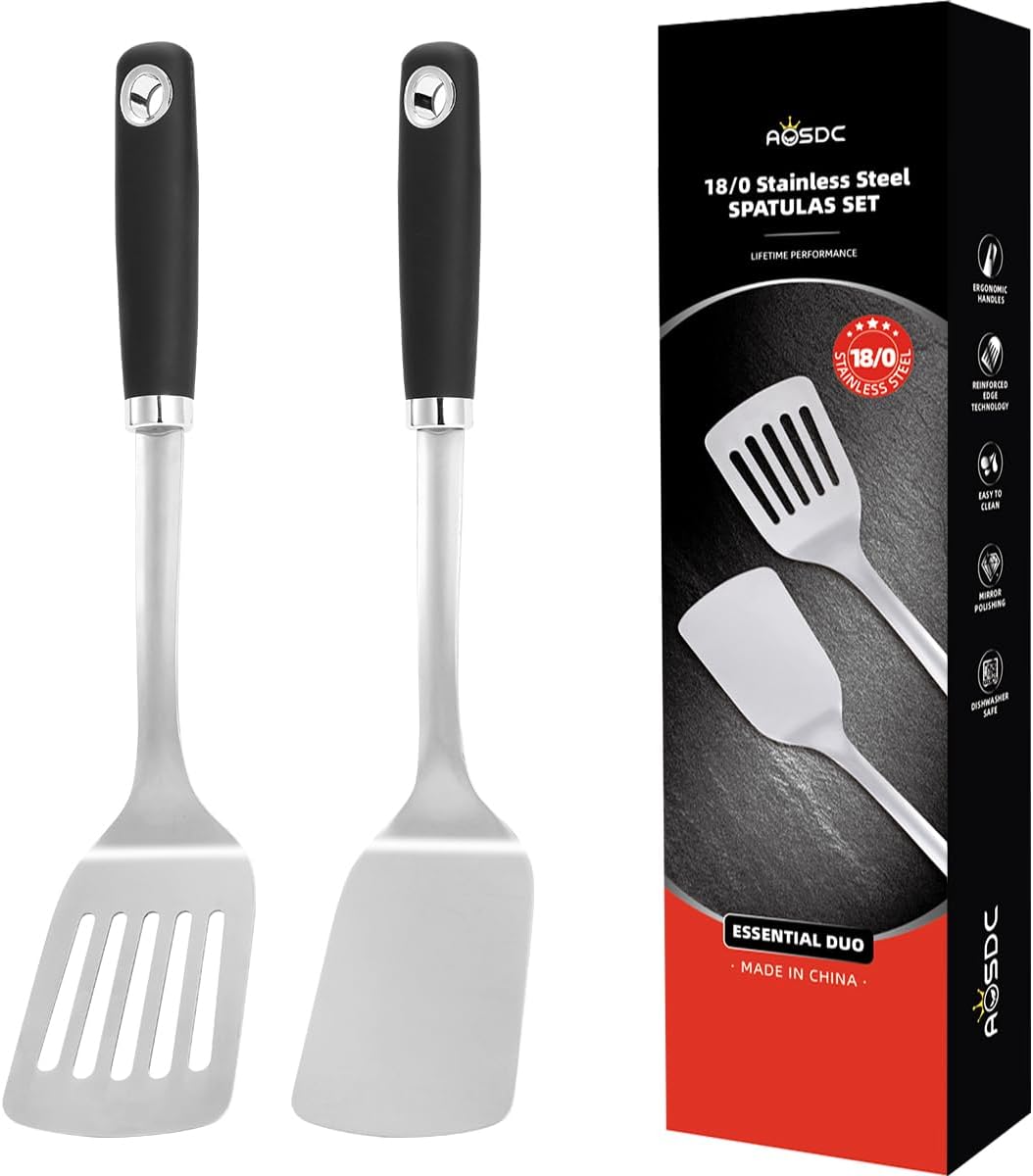 2 Pcs Stainless Steel Spatulas Set,14.9 Silver Slotted Turner, Solid Turner, Kitchen Cooking Utensils Set, High Heat Resistant, Grilling Frying Serving Food, Easy to Clean