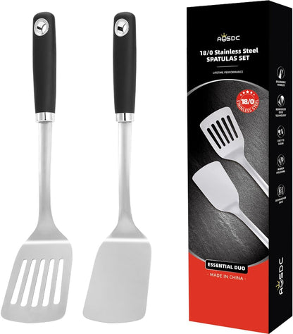 2 Pcs Stainless Steel Spatulas Set,14.9 Silver Slotted Turner, Solid Turner, Kitchen Cooking Utensils Set, High Heat Resistant, Grilling Frying Serving Food, Easy to Clean