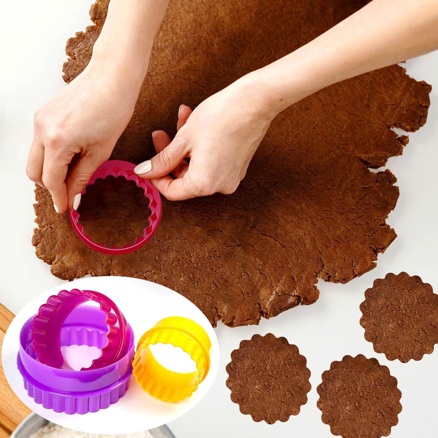 Cookie Biscuit Cutter Set, Two Side Cookie Cutters Plastic Set Multi-size Cake Fruit Vegetable Shapes Cutter Random color (Round Shaped, 6 Pack)
