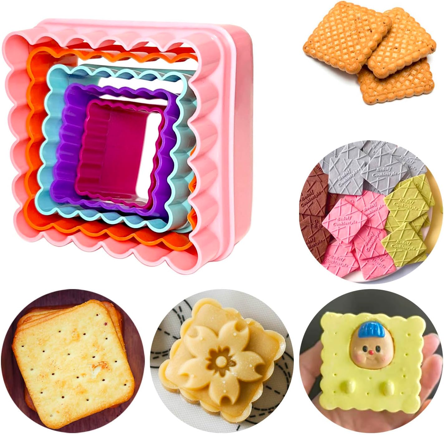 Cookie Biscuit Cutter Set, Two Side Cookie Cutters Plastic Set Multi-size Cake Fruit Vegetable Shapes Cutter Random color (Round Shaped, 6 Pack)