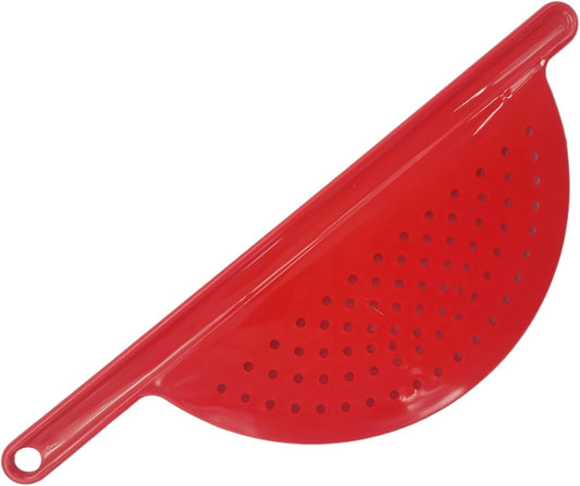 Handheld Plastic Pot Drainer, Noodle & Pasta Strainer with Handle - Fits up to 9" Pots - Red