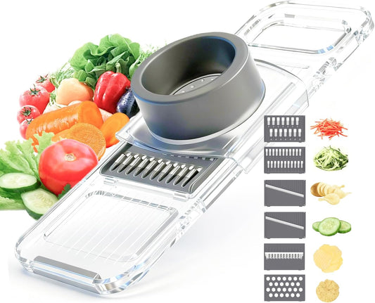 ZKIRON Mandoline Slicer for Kitchen, 6-in-1 Multifunctional Handheld Vegetable Cutter with Transparent Body & Safety Guard, Potato Slicer Cucumber Julienne Shredder, Compact Salad Prep Gadget