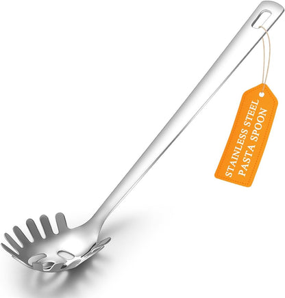 Spaghetti Spoon, Pasta Server, Stainless Steel Pasta Spoon with Teeth, One-Piece Metal Pasta Fork, Noddle Fork Kitchen Utensils, Heat Resistant, Dishwasher Safe, Easy to Clean