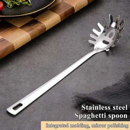 Spaghetti Spoon, Pasta Server, Stainless Steel Pasta Spoon with Teeth, One-Piece Metal Pasta Fork, Noddle Fork Kitchen Utensils, Heat Resistant, Dishwasher Safe, Easy to Clean