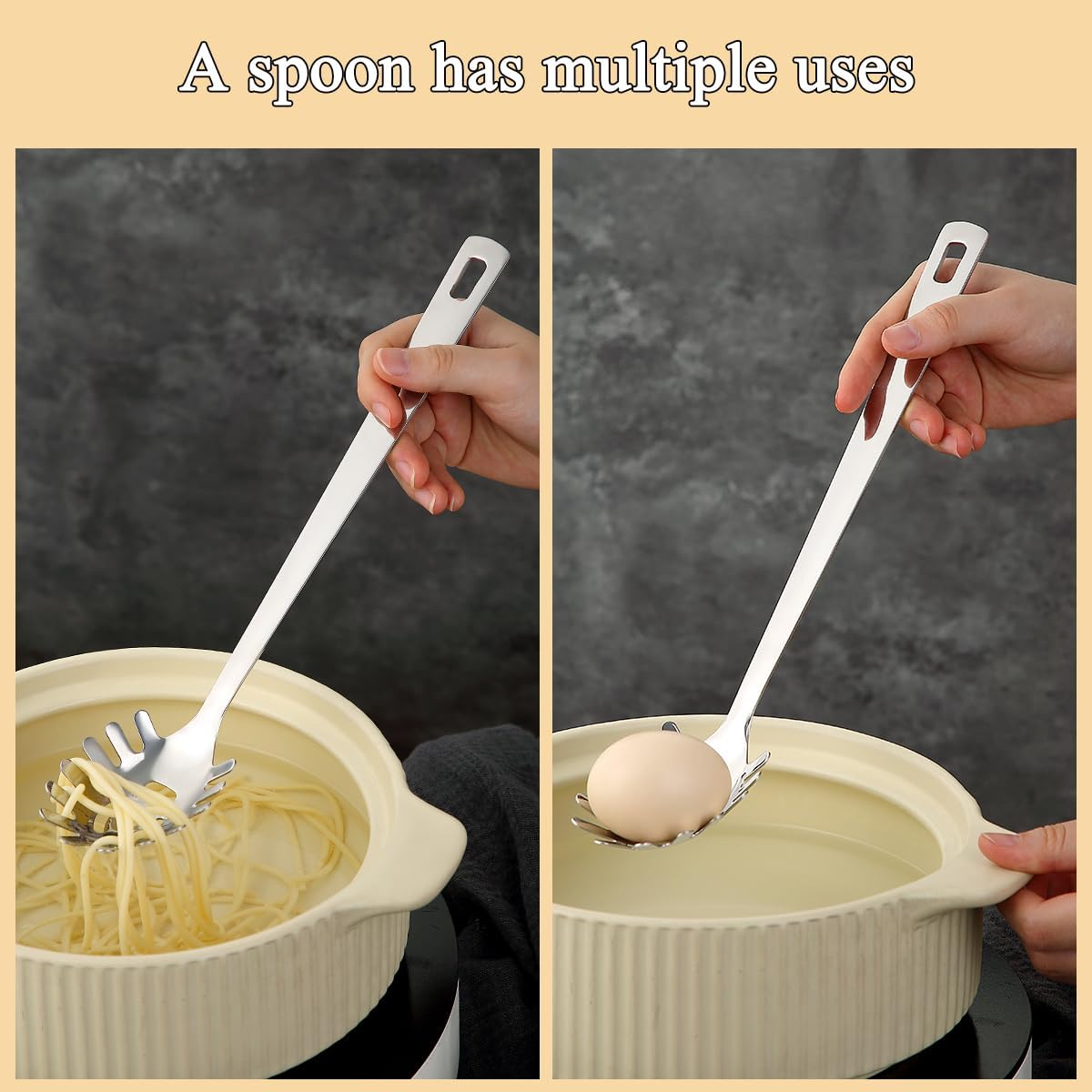 Spaghetti Spoon, Pasta Server, Stainless Steel Pasta Spoon with Teeth, One-Piece Metal Pasta Fork, Noddle Fork Kitchen Utensils, Heat Resistant, Dishwasher Safe, Easy to Clean